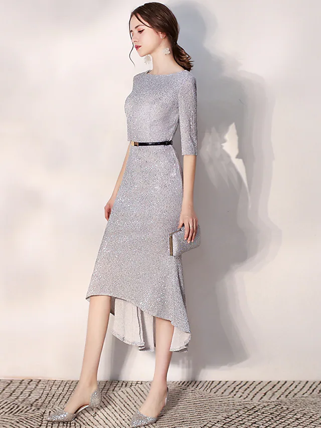 Glitzerndes, elegantes Cocktail-Partykleid für den Heimkehrbereich, Rundhalsausschnitt, lange Ärmel, knielang, mit Pailletten und Schärpe, Band, Paillettenrüschen